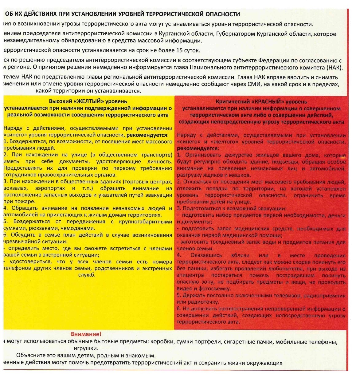 План действий при установлении террористической опасности